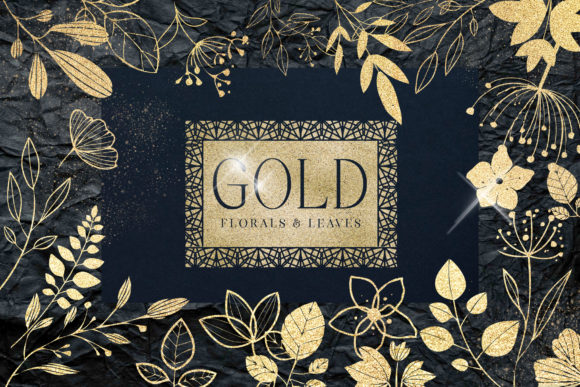 Download Gold Foil Textured Leaves Flowers PNG - Foil Collection